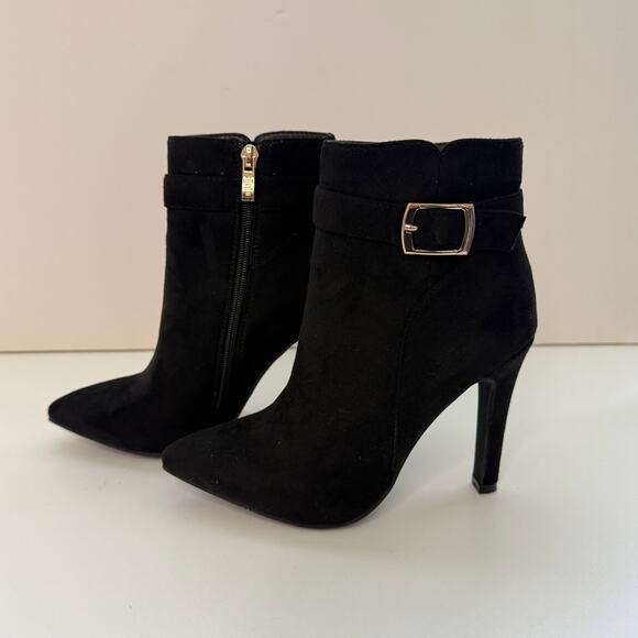 Idifu Dana Pointed Toe Stiletto High Heels Ankle Bootie Sz 6.5 Faux Suede Buckle - Picture 5 of 9